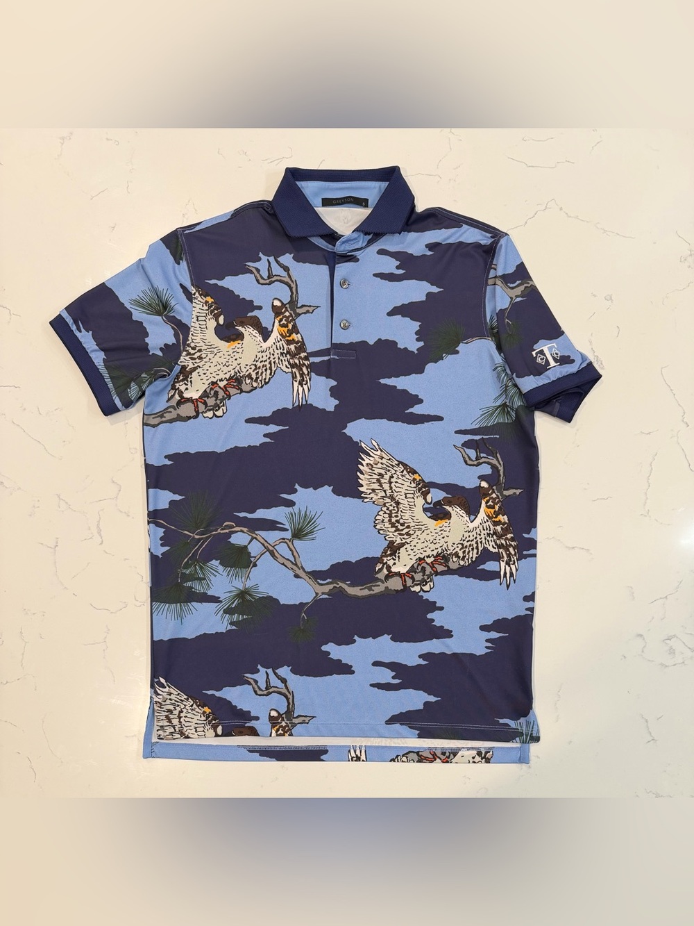 Greyson Golf Polo Shirt Men’s Small Blue Bird Print Performance Stretch